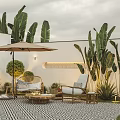 Modern Outdoor Sofa With Umbrella Coffee Table And Lush Palm Plants In Patio Area