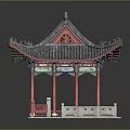 Traditional Ancient Chinese Architecture Featuring Gray Tiled Roof Overhanging Eaves and Red Doors