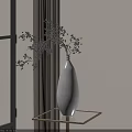 Minimalist White Vase With Black Berry Branches On Gold Glass Table By Brown Curtain