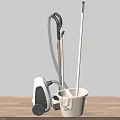Essential Household Cleaning Supplies Including Vacuum Cleaner Mop And Bucket Against Wall On Wooden Floor