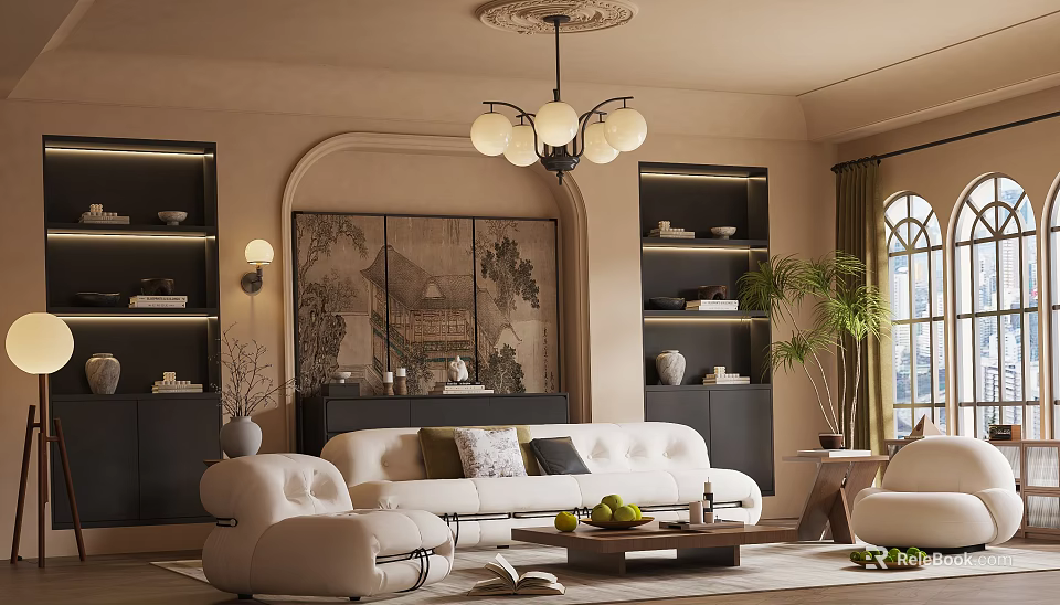 Modern Luxury Living Room Featuring Arch Wall Beige Sofa Artwork Chandelier Green Plants And Bookshelves 3d model 