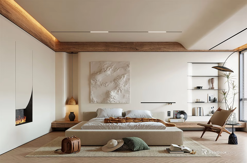 Cozy Modern Bedroom Interior Design With Wooden Ceiling King Bed And Abstract Wall Art 3d model 