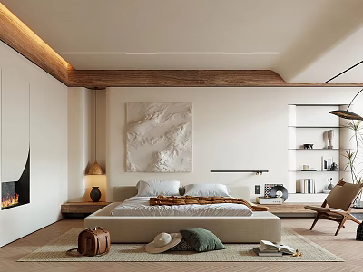 Cozy Modern Bedroom Interior Design With Wooden Ceiling King Bed And Abstract Wall Art 3d model