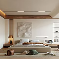 Cozy Modern Bedroom Interior Design With Wooden Ceiling King Bed And Abstract Wall Art