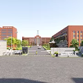 University Campus Entrance Gate with Red Brick Buildings Plaza and Blue Sky
