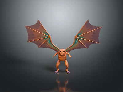 Orange Mythical Creature Character Standing With Iridescent Wings On Black Background With Reflection 3d model