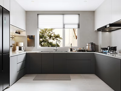 Modern Open Kitchen Interior With Island Counter Cabinets And Appliances 3d model