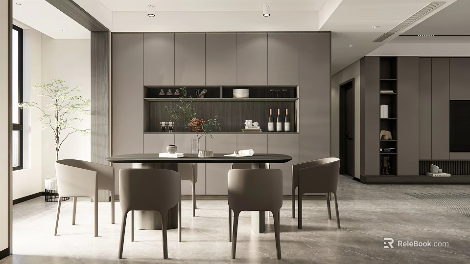 Modern Open Dining and Living Room with Round Table Gray Chairs Cabinets and Green Plant 3d model 
