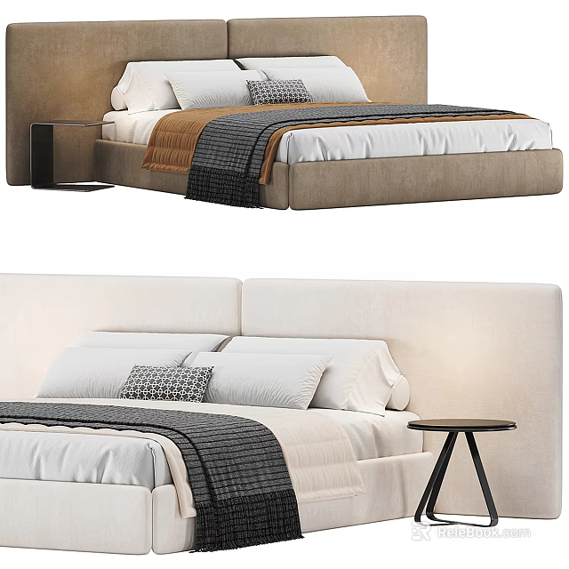 Modern Double Bed With Beige Headboard White Sheets Gray Blanket And Nightstand 3d model