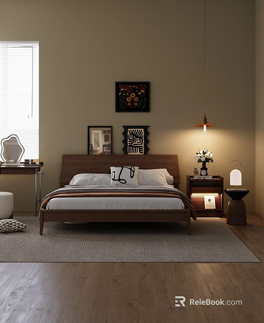 Double Bed with Wooden Frame and Bedside Artwork Table Lamp Soft Carpet in Modern Bedroom 3d model 