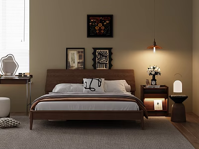 Double Bed with Wooden Frame and Bedside Artwork Table Lamp Soft Carpet in Modern Bedroom 3d model