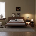 Double Bed with Wooden Frame and Bedside Artwork Table Lamp Soft Carpet in Modern Bedroom