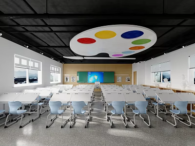 School Classroom Interior With Rows Of Desks Chairs And Colorful Ceiling 3d model
