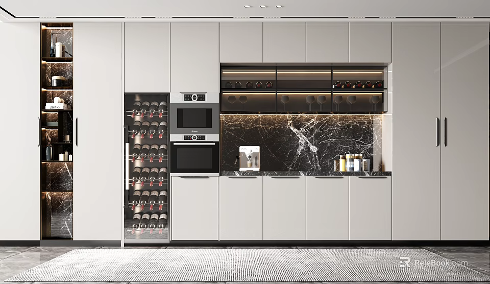 Modern Kitchen Wine Cabinet With Glass Door Storage Marble Countertop And Built In Appliances 3d model 