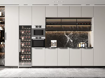 Modern Kitchen Wine Cabinet With Glass Door Storage Marble Countertop And Built In Appliances 3d model