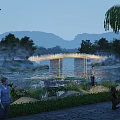 Dusk Arch Bridge Over Lake With Willow Trees Lotus Flowers Distant Mountains Mist And People