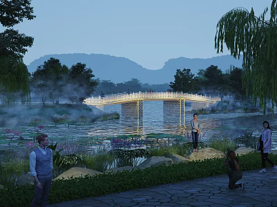 Dusk Arch Bridge Over Lake With Willow Trees Lotus Flowers Distant Mountains Mist And People 3d model