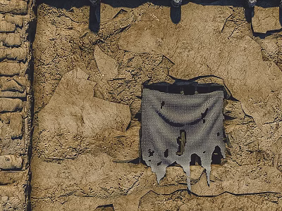 Traditional Swing Door Installed on Weathered Stone Wall with Damaged Area and Mesh Netting 3d model