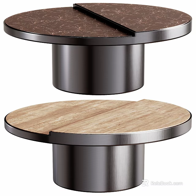 Modern Round Coffee Table Design With Marble And Wooden Tops And Metal Base 3d model 