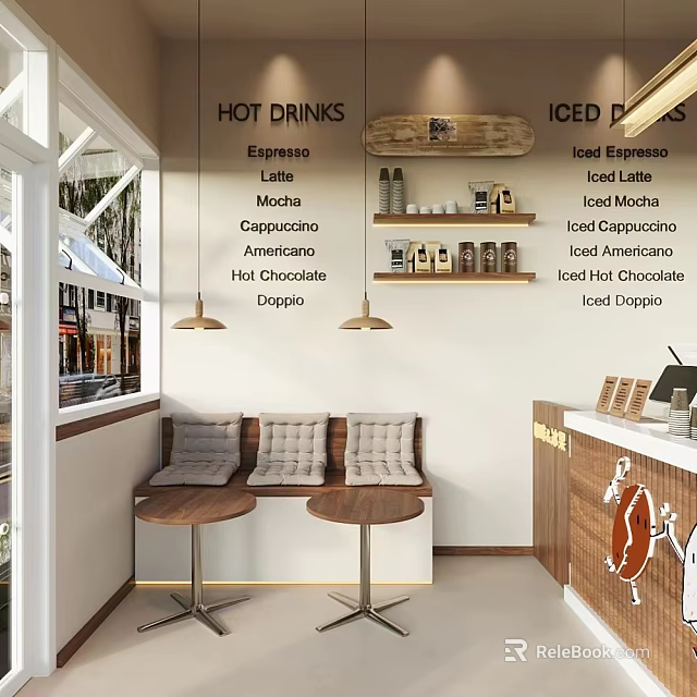 Stylish Bar Counter With Hot Iced Drinks Menu Window Seats Small Tables And Pendant Lights 3d model 