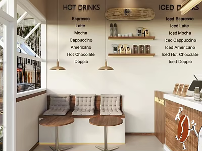 Stylish Bar Counter With Hot Iced Drinks Menu Window Seats Small Tables And Pendant Lights 3d model
