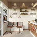 Stylish Bar Counter With Hot Iced Drinks Menu Window Seats Small Tables And Pendant Lights