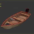 Traditional Wooden Boat With Black Outboard Motor And Interior Seats