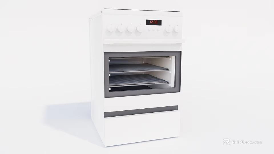 White Electric Oven Kitchen Appliance With Glass Door Control Knobs And Baking Trays 3d model