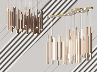 Modern Cylindrical Metal Chandeliers With Slim Vertical Hanging Rods And Brass Accents 3d model