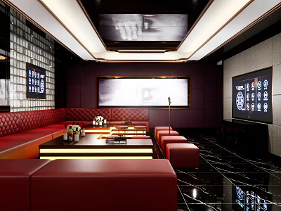 Modern KTV Interior Design With Red Sofas Black Marble Floor And Large Screen TV 3d model