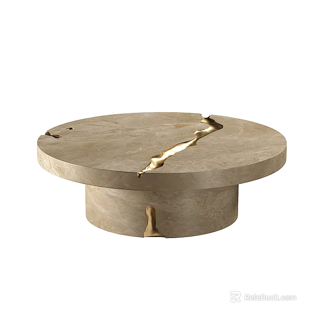 Elegant Marble Round Coffee Table With Gold Crack Design And Cylindrical Base 3d model