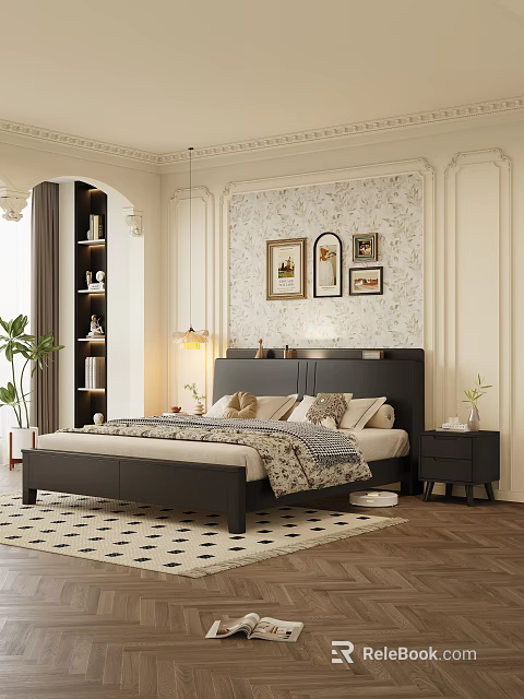 Elegant Double Bed with Black Headboard Floral Wallpaper Wall Art Nightstand and Potted Plant 3d model 
