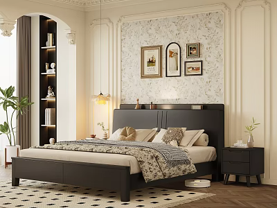 Elegant Double Bed with Black Headboard Floral Wallpaper Wall Art Nightstand and Potted Plant 3d model