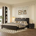 Elegant Double Bed with Black Headboard Floral Wallpaper Wall Art Nightstand and Potted Plant