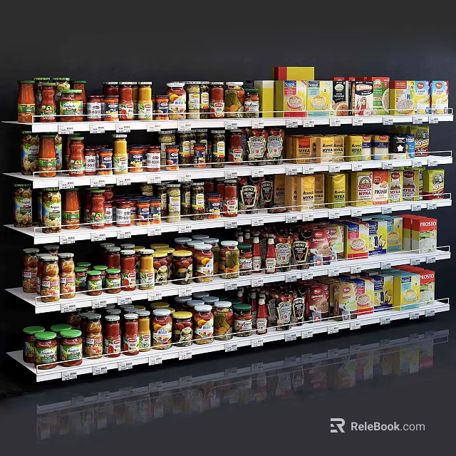 Retail Display Shelves Stocked With Various Canned Foods And Grocery Products 3d model 