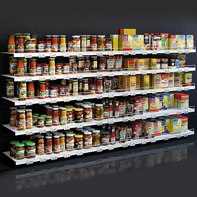 Retail Display Shelves Stocked With Various Canned Foods And Grocery Products 3d model