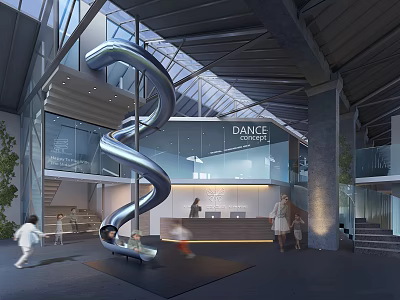 Modern Dance Concept Reception Area With Silver Spiral Slide And Glass Walls In Lively Indoor Space 3d model