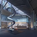Modern Dance Concept Reception Area With Silver Spiral Slide And Glass Walls In Lively Indoor Space