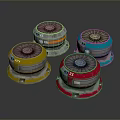 Colorful Circular Equipment with Yellow Orange Red Blue Bases and Numbered Tops