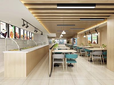 Modern Restaurant Interior With Wooden Ceiling Pendant Lights Blue Gray Chairs And Food Display Counter 3d model
