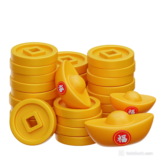 Traditional Yellow Coin Ingot Home Decor Ornamental Set With Fortune Characters 3d model 