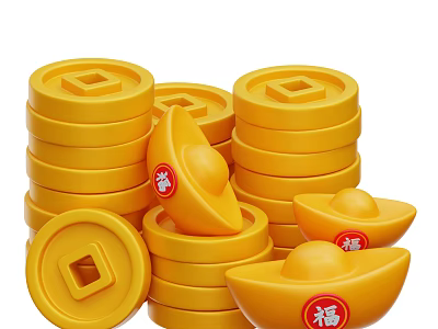 Traditional Yellow Coin Ingot Home Decor Ornamental Set With Fortune Characters 3d model