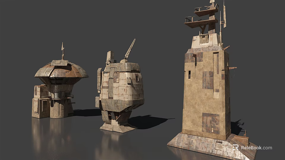 Futuristic Sci Fi Industrial Structures With Rough Textured Surfaces And Tower Design 3d model