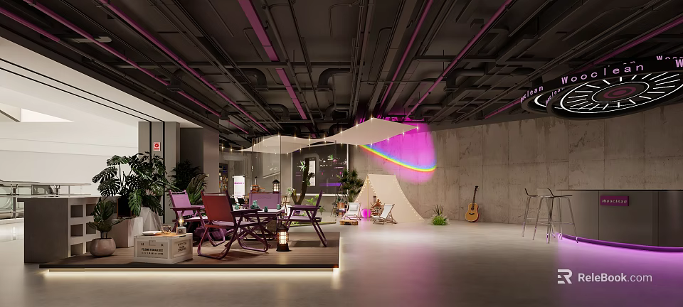 Modern Indoor Space With Purple Decor Rainbow Projection Plants And Guitar Furniture 3d model 
