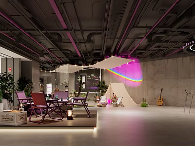 Modern Indoor Space With Purple Decor Rainbow Projection Plants And Guitar Furniture 3d model