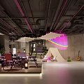 Modern Indoor Space With Purple Decor Rainbow Projection Plants And Guitar Furniture