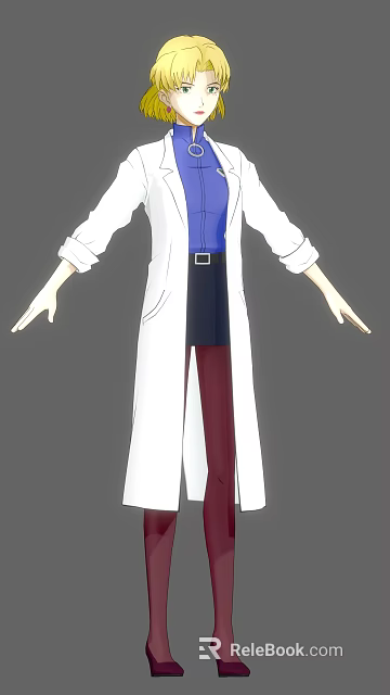 Game Movie Character In White Coat Blue Shirt Dark Skirt Red Pants With Outstretched Hands 3d model 