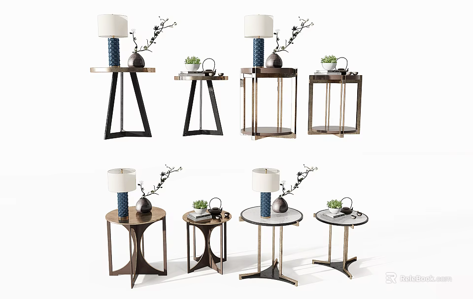 Modern Stylish Side Tables With Various Designs And Decorative Lamps Plants And Vases 3d model 