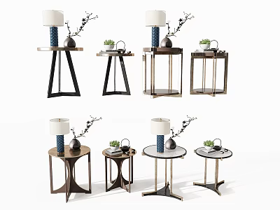Modern Stylish Side Tables With Various Designs And Decorative Lamps Plants And Vases 3d model