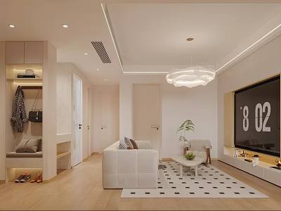 Modern Cream Style Open Living And Dining Room With Cozy Furniture And Soft Ambient Lighting 3d model